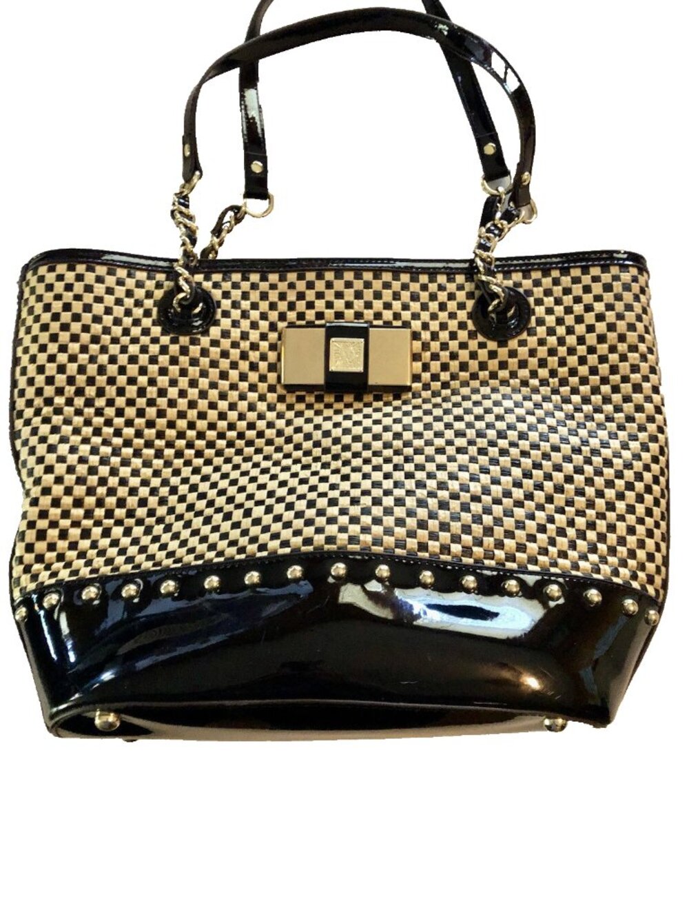 ANNE KLEIN TOTE SHOULDER BAG ~ BLACK/NATURAL WEAVED CHECKS ~ Very Good Condition